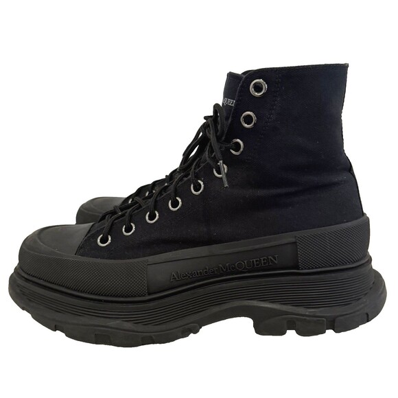 Alexander McQueen Black Canvas High Top Boots Chunky Lug Sole Sneakers EU 43.5